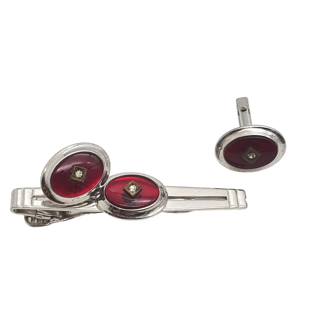 Anson Silver Tone Red Enamel & Rhinestone Oval Cufflink & Tie Bar Suit Accessory